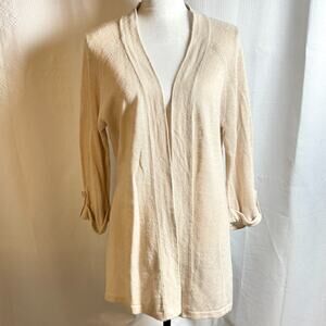 Chicos Linen Blend Open Front Cardigan Sweater Sz 1 (M) Ivory Roll Tab Sleeve